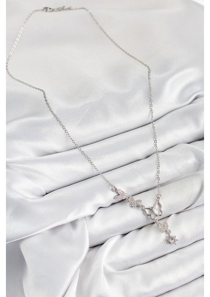 316L Çelik Zirkon Taşlı Kelebek Model Gümüş Renk Kadın Kolye fiyatları