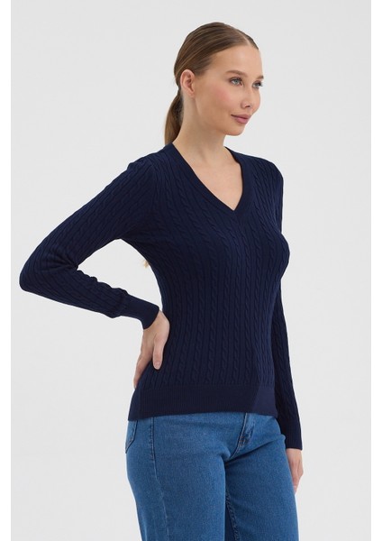 Kadın Saf %100 Pamuk Lacivert V Yaka Saç Örgü Triko Kazak – Örgü Desenli fiyatları