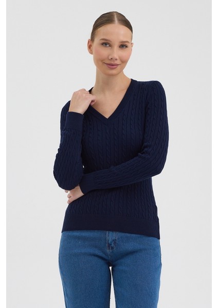 Kadın Saf %100 Pamuk Lacivert V Yaka Saç Örgü Triko Kazak – Örgü Desenli modelleri