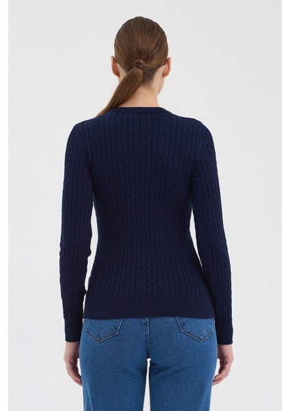 Kadın Saf %100 Pamuk Lacivert V Yaka Saç Örgü Triko Kazak – Örgü Desenli fırsatları