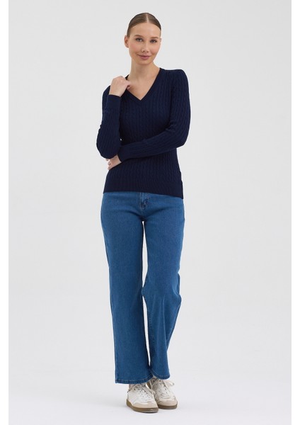 Kadın Saf %100 Pamuk Lacivert V Yaka Saç Örgü Triko Kazak – Örgü Desenli indirimleri
