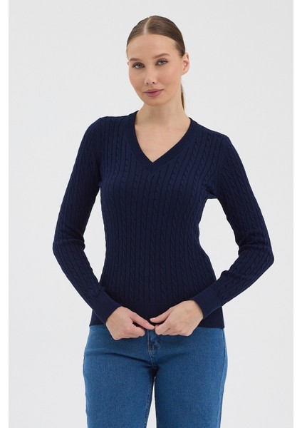 Kadın Saf %100 Pamuk Lacivert V Yaka Saç Örgü Triko Kazak – Örgü Desenli