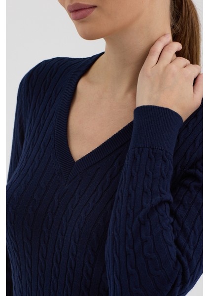 Kadın Saf %100 Pamuk Lacivert V Yaka Saç Örgü Triko Kazak – Örgü Desenli