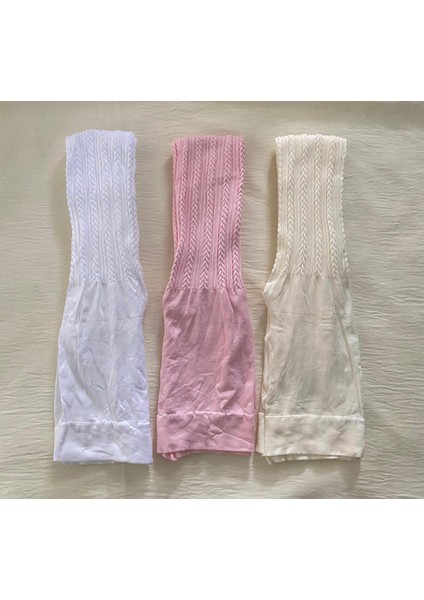 3'lü Kız Çocuk Desenli Renkli Orta Kalın Mevsimlik Külotlu Çorap Pembe & Vanilya & Beyaz