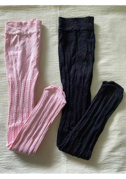 2'li Kız Çocuk Desenli Külotlu Çorap ( 80 Den Orta Kalın Mevsimlik Külotlu Çorap ) Pembe & Siyah