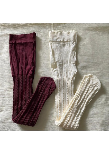 2'li Kız Çocuk Desenli Külotlu Çorap ( 80 Den Orta Kalın Mevsimlik Külotlu Çorap ) Bordo & Vanilya
