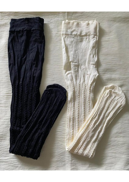 2'li Kız Çocuk Desenli Külotlu Çorap ( 80 Den Orta Kalın Mevsimlik Külotlu Çorap ) Siyah & Vanilya