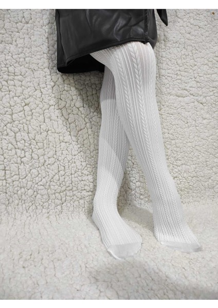 Örgü Desenli Kız Çocuk Orta Kalın Mevsimli Külotlu Çorap - Beyaz fiyatları