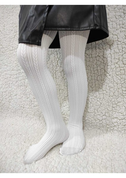Örgü Desenli Kız Çocuk Orta Kalın Mevsimli Külotlu Çorap - Beyaz modelleri