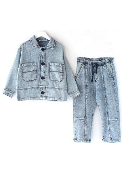 Erkek Bebek Denim Gömlek Pantolon Alt Üst Takım Mavi Renk Bebek Kot Takım