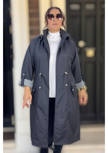 Çıkartılabilir Kapşonlu Katlanabilir Kol Detay Bonded Kumaş Uzun Boy Ekstra Büyük Beden Trençkot
