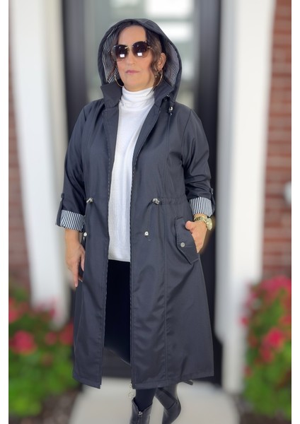 Çıkartılabilir Kapşonlu Katlanabilir Kol Detay Bonded Kumaş Uzun Boy Ekstra Büyük Beden Trençkot modelleri