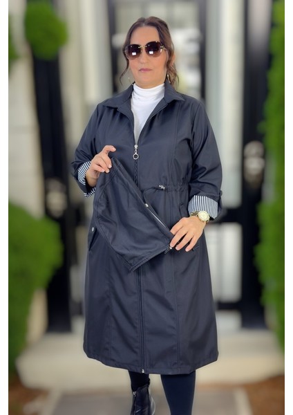 Çıkartılabilir Kapşonlu Katlanabilir Kol Detay Bonded Kumaş Uzun Boy Ekstra Büyük Beden Trençkot indirimleri