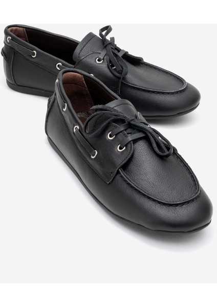Serelıs Siyah Cilt Hakiki Deri Bağcıklı Kadın Loafer Ayakkabı