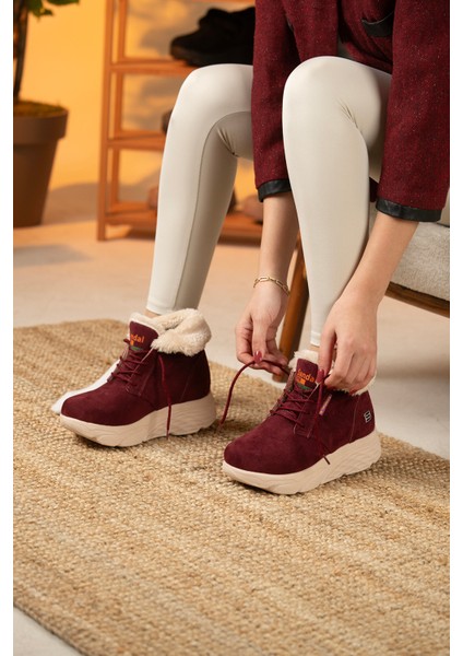 Kadın Süet Kürklü Kısa Spor Bot SS001-0478 Bordo fırsatları