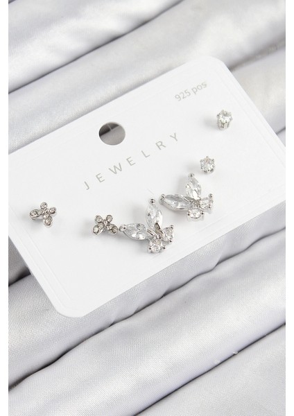 Pirinç Zirkon Taşlı Kelebek Model Gümüş Renk 925 Ayar Gümüş Çivi Kadın Küpe Set