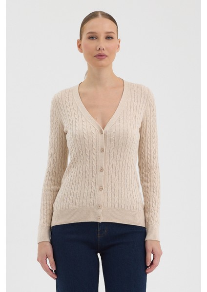 Kadın Saf %100 Pamuk Bej Saç Örgü Triko Hırka – Örgü Desenli