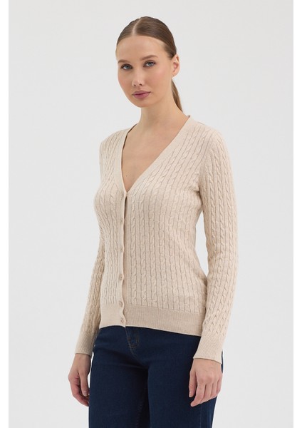 Kadın Saf %100 Pamuk Bej Saç Örgü Triko Hırka – Örgü Desenli fiyatları