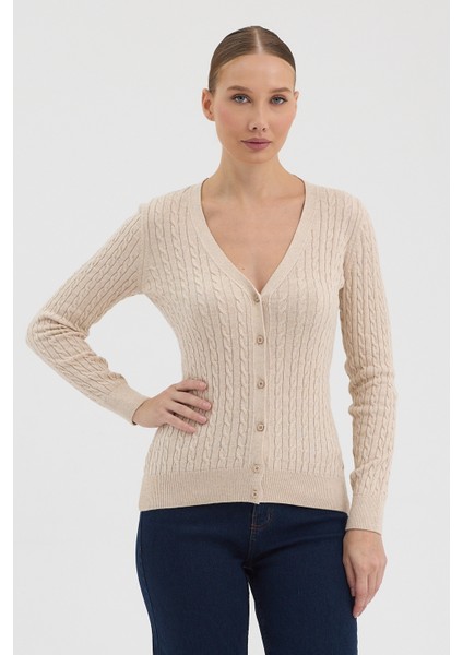 Kadın Saf %100 Pamuk Bej Saç Örgü Triko Hırka – Örgü Desenli modelleri