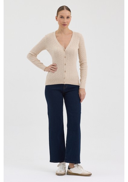 Kadın Saf %100 Pamuk Bej Saç Örgü Triko Hırka – Örgü Desenli indirimleri