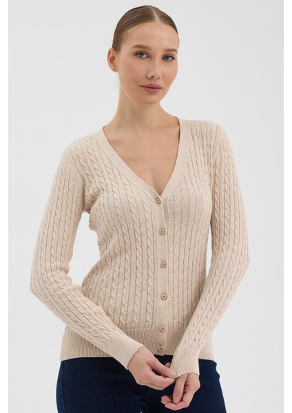 Kadın Saf %100 Pamuk Bej Saç Örgü Triko Hırka – Örgü Desenli