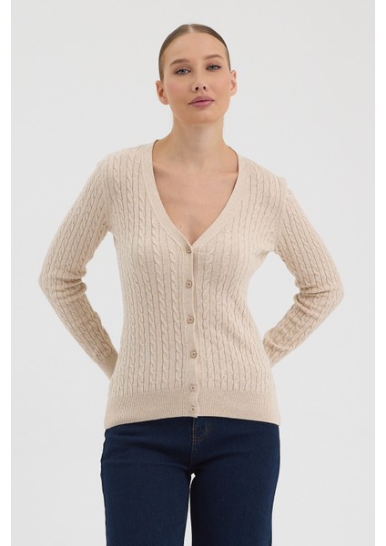 Kadın Saf %100 Pamuk Bej Saç Örgü Triko Hırka – Örgü Desenli