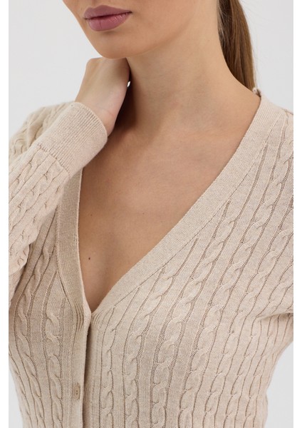 Kadın Saf %100 Pamuk Bej Saç Örgü Triko Hırka – Örgü Desenli