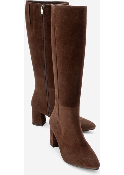 Sejas Kahverengi Hakiki Deri Süet Kadın Topuklu Çizme