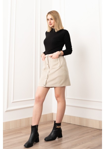 Chic Süs Düğme Detaylı Mini Kaşe Etek 6824