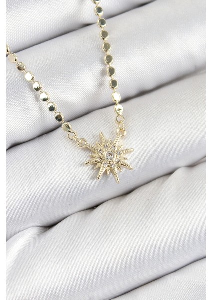 Pirinç Zirkon Taşlı Kutup Yıldızı Model Ezme Zincir Gold Renk Kadın Kolye