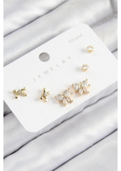 Pirinç Zirkon Taşlı Fiyonk Model Gold Renk 925 Ayar Gümüş Çivi Kadın Küpe Set