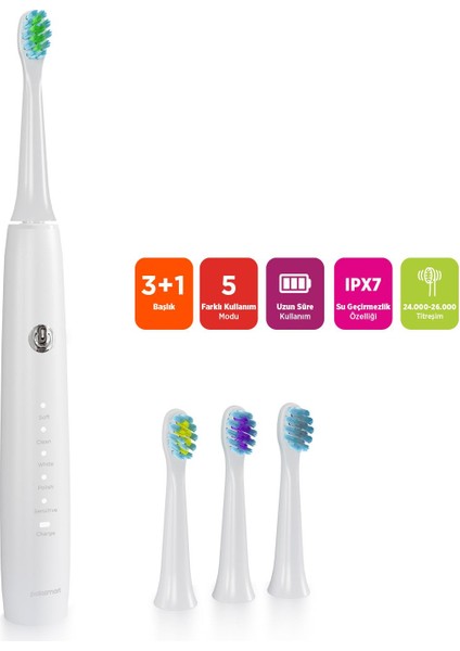 PBS520 5 Mod Şarjlı Diş Fırçası Ipx7 Su Geçirmez 4 Yedek Başlık Type-C Girişli Beyaz fiyatları