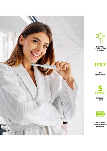 PBS520 5 Mod Şarjlı Diş Fırçası Ipx7 Su Geçirmez 4 Yedek Başlık Type-C Girişli Beyaz modelleri