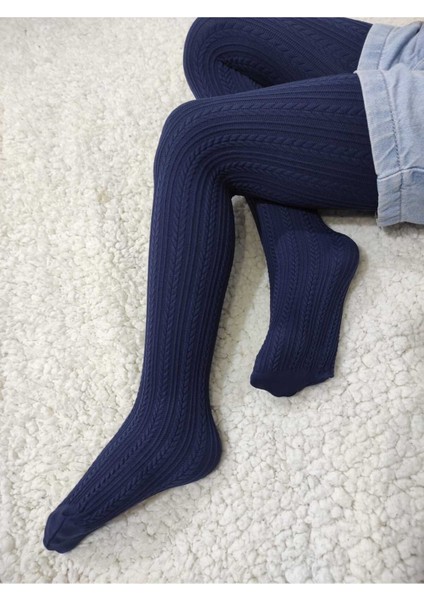 Lacivert Örgü Desenli Kız Çocuk Orta Kalın Mevsimli Külotlu Çorap