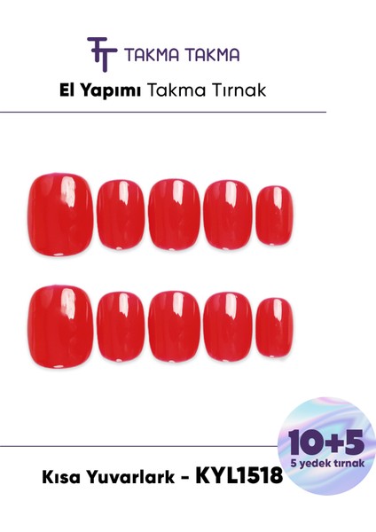 15'li Kırmızı Kısa Yuvarlak KYL1518 Tekrar Kullanılabilir El Yapımı Protez Takma Tırnak - Kırmızı-S