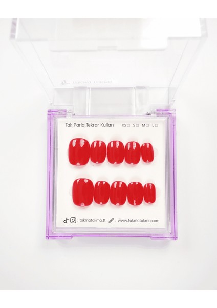 15'li Kırmızı Kısa Yuvarlak KYL1518 Tekrar Kullanılabilir El Yapımı Protez Takma Tırnak - Kırmızı-S modelleri