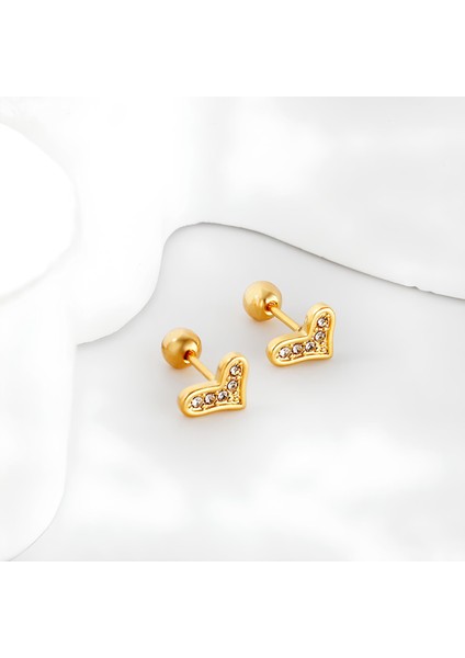 Zirkon Taşlı Kalpli Çelik Küpe - Vidalı Kapama - Helix fiyatları