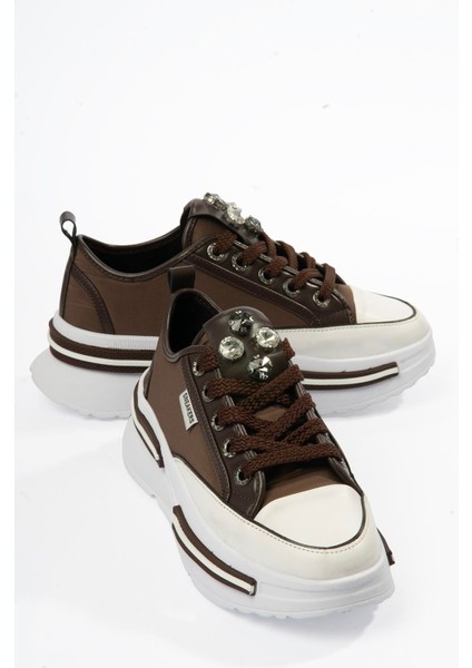 Kadın Paraşüt Sneaker Taş Detaylı Kalın Tabanlı Kahve Zeyra