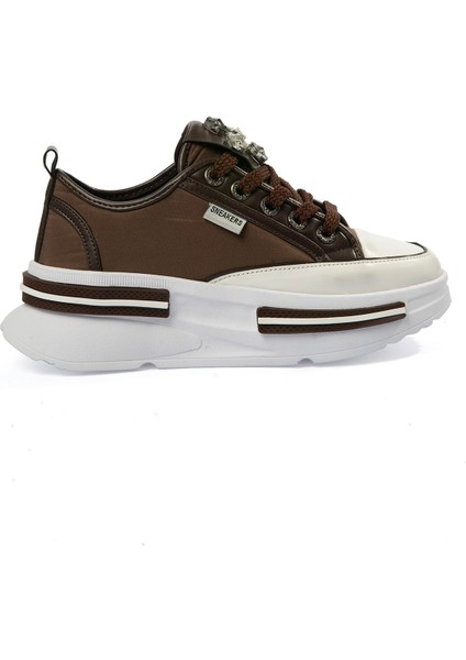 Kadın Paraşüt Sneaker Taş Detaylı Kalın Tabanlı Kahve Zeyra modelleri