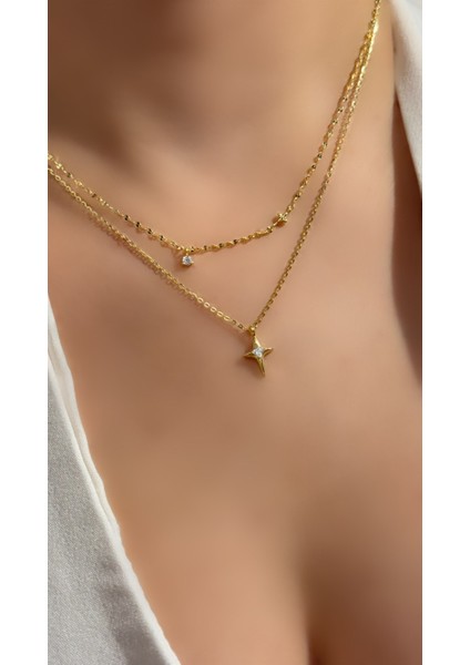 Ithal Yüksek Kalite Üretim Pul Zincir 2'li Yıldız Kolye Kibar ve Zarif Sirius Yıldızlı Kolye 925 Ayar Gümüş