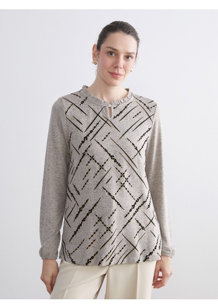 Yeni Sezon Fırfırlı Dik Yaka Desenli Bluz