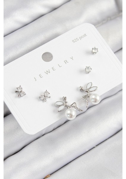 Pirinç Zirkon Taşlı Inci Melek Model Gümüş Renk 925 Ayar Gümüş Çivi Kadın Küpe Set