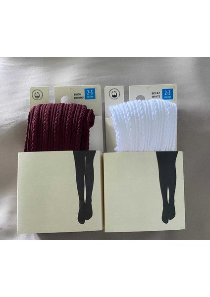2'li Kız Çocuk Desenli Külotlu Çorap Knit Ted Model 80 Den Mevsimlik Pantyhose ( Bordo & Beyaz )