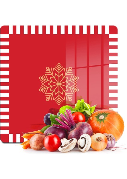 Cam Kesme Tahtası ve Sunumluk Kare Kırmızı Beyaz Kar Tanesi Desenli 30X30 cm