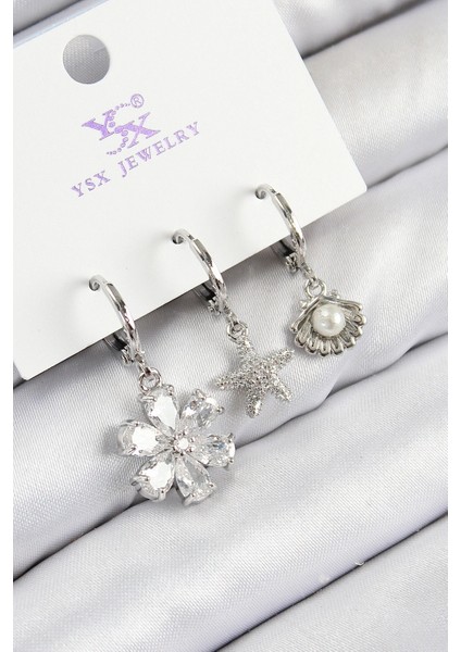 Pirinç Zirkon Taşlı 3'lü Çiçek ve Istiridye Model Gümüş Renk Kadın Küpe