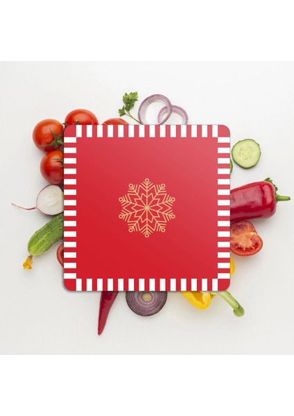 Cam Kesme Tahtası ve Sunumluk Kare Kırmızı Beyaz Kar Tanesi Desenli 30X30 cm modelleri