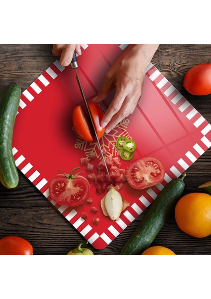 Cam Kesme Tahtası ve Sunumluk Kare Kırmızı Beyaz Kar Tanesi Desenli 30X30 cm fırsatları