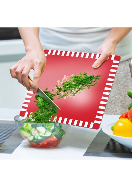Cam Kesme Tahtası ve Sunumluk Kare Kırmızı Beyaz Kar Tanesi Desenli 30X30 cm indirimleri