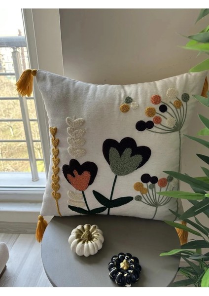 Keten Punch Işlemeli Kırlent Kılıfı 43X43 cm – El Işçiliği Panç Desen & Püskül Detaylı Yastık Kılıfı 2li VEFORMPUNCH2026