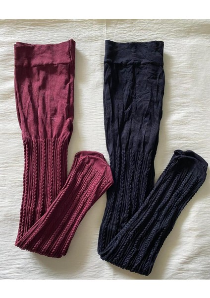 2'li Kız Çocuk Desenli Külotlu Çorap ( 80 Den Orta Kalın Mevsimlik Külotlu Çorap ) Bordo & Siyah